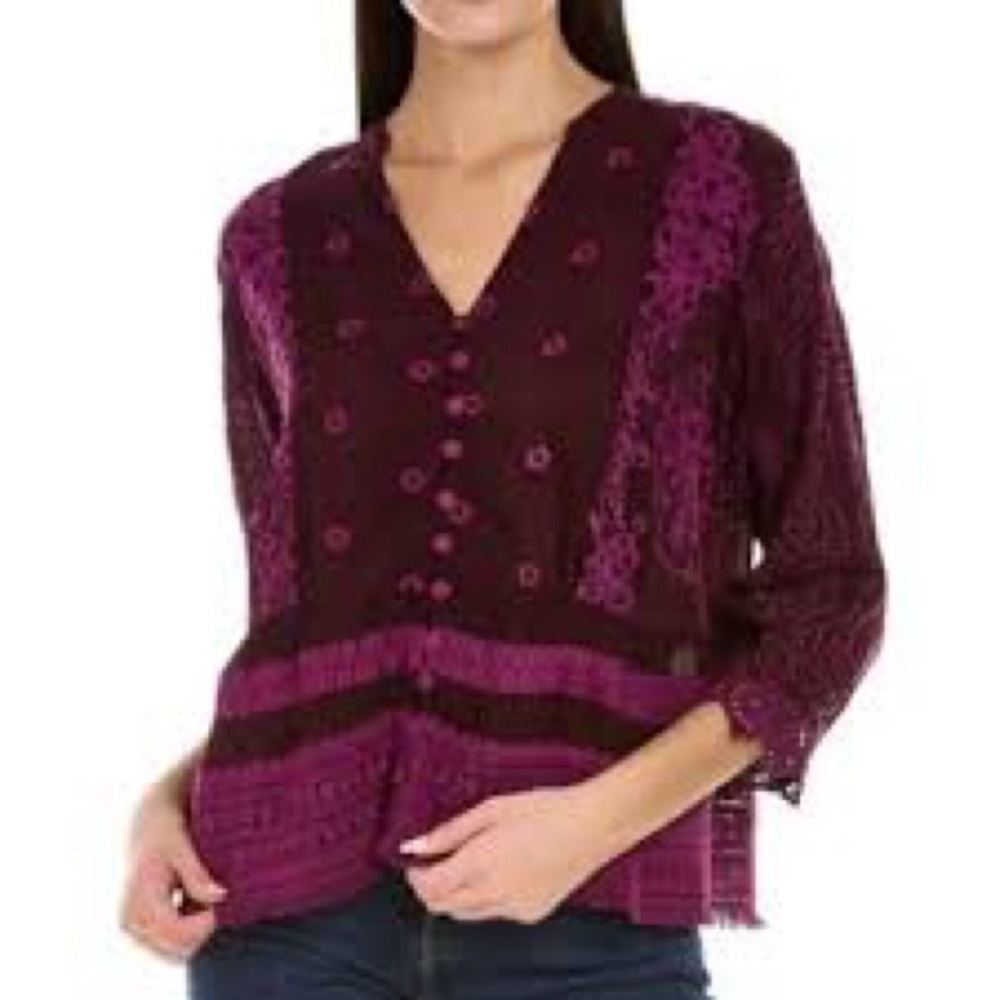 Johnny Was Polyvore Juniper Blouse Merlot💕 Pink Embroidery 3/4 Sleeve 💥